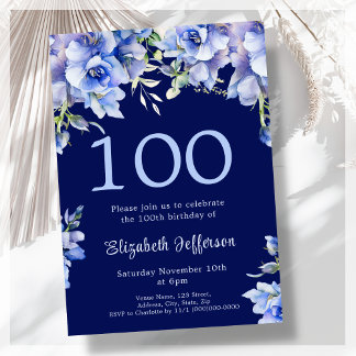 Elegant Blue Floral 100. Geburtstag Einladung