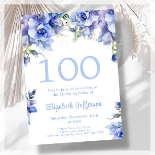 Elegant Blue Floral 100. Geburtstag Einladung