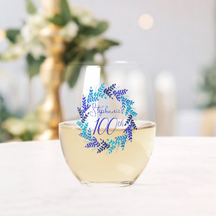 Elegant Blue Floral 100. Geburtstag Weinglas Ohne Stiel