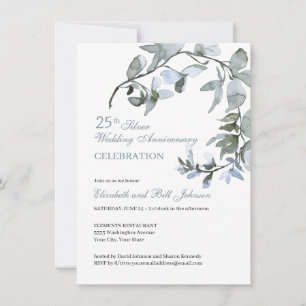 Elegant Blue Floral 25. Hochzeitstag Einladung