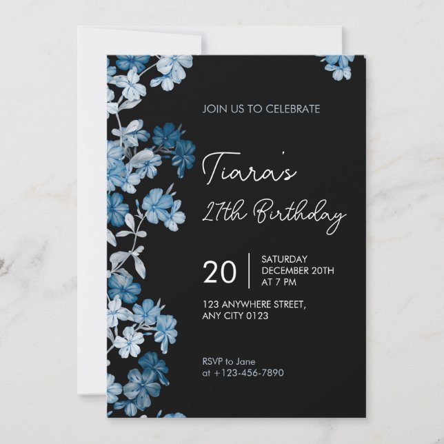 Elegant Blue Floral 27th Birthday Party Invitation Einladung (Vorderseite)