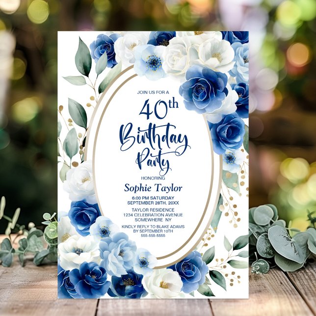 Elegant Blue Floral 40. Geburtstag Party Einladung (Von Creator hochgeladen)