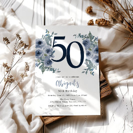Elegant Blue Floral 50. Geburtstag Einladung