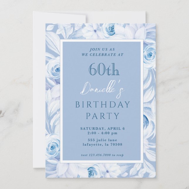 Elegant Blue Floral 60. Geburtstag Einladungen (Vorderseite)