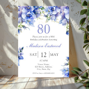 Elegant Blue Floral 80. Geburtstag Einladung