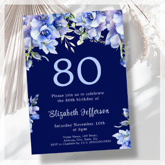 Elegant Blue Floral 80. Geburtstag Einladung