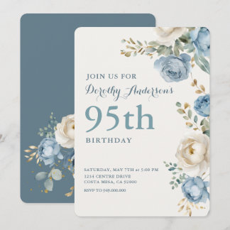 Elegant Blue Floral 95. BIrthday Party Einladung