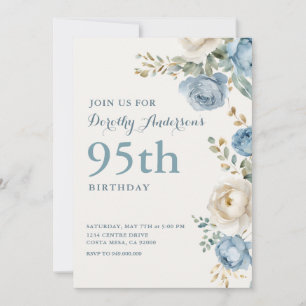Elegant Blue Floral 95. BIrthday Party Einladung