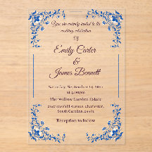 Elegant Blue Floral Acrylic Wedding Einladung