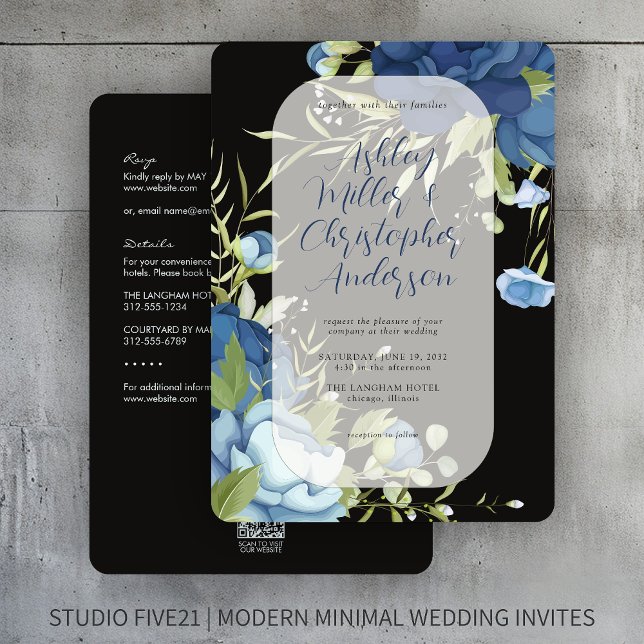 Elegant Blue Floral All-in-One Hochzeit Einladung (Von Creator hochgeladen)