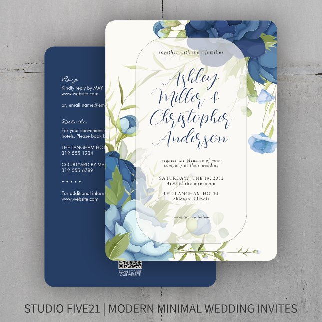 Elegant Blue Floral All-in-One Hochzeit Einladung (Von Creator hochgeladen)