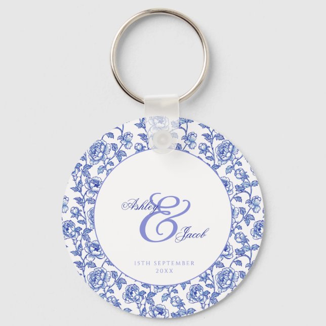 Elegant Blue Floral Ampersand Hochzeit Schlüsselanhänger (Vorderseite)