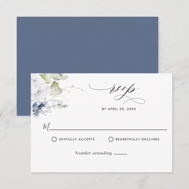 Elegant Blue Floral and Greenerity Wedding RSVP Karte (Vorne/Hinten)