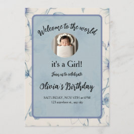 Elegant blue floral baby announcement einladung