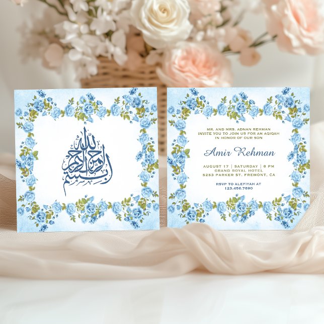 Elegant Blue Floral Baby Boy Aqiqah Einladung (Von Creator hochgeladen)
