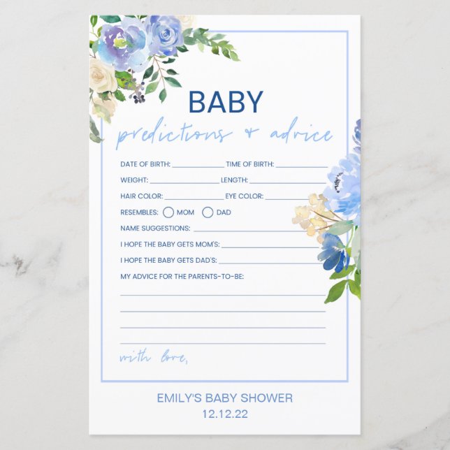 Elegant Blue Floral Baby Shower Game Printed, Boy (Vorderseite)