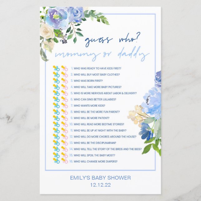 Elegant Blue Floral Baby Shower Game Printed, Boy (Vorderseite)