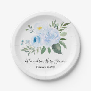 Elegant Blue Floral Baby Shower Plate Pappteller