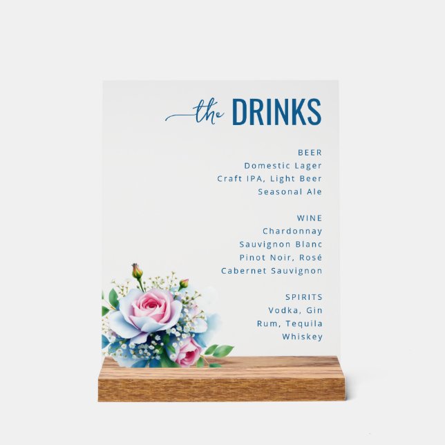 Elegant Blue Floral Beverage Menu Acrylschild (Vorderseite)