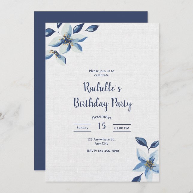 Elegant Blue Floral Birthday Invite, Boho Birthday Einladung (Vorne/Hinten)