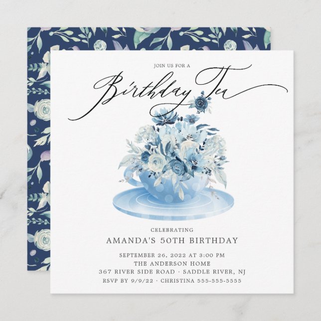 Elegant Blue Floral Birthday Tee Einladung (Vorne/Hinten)