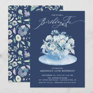 Elegant Blue Floral Birthday Tee Einladung