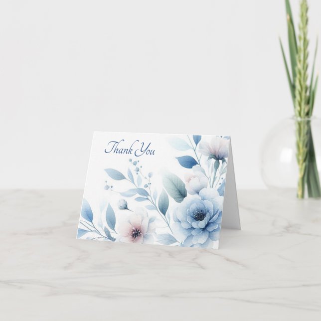 Elegant Blue Floral Blank Dankeskarte (Vorderseite)