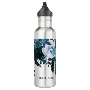 Elegant Blue Floral Bouquet mit Namen Edelstahlflasche