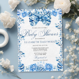 Elegant Blue Floral Bow Chic Toile Baby Shower Einladung
