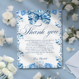 Elegant Blue Floral Bow Script Dankeschön Card Feiertagskarte