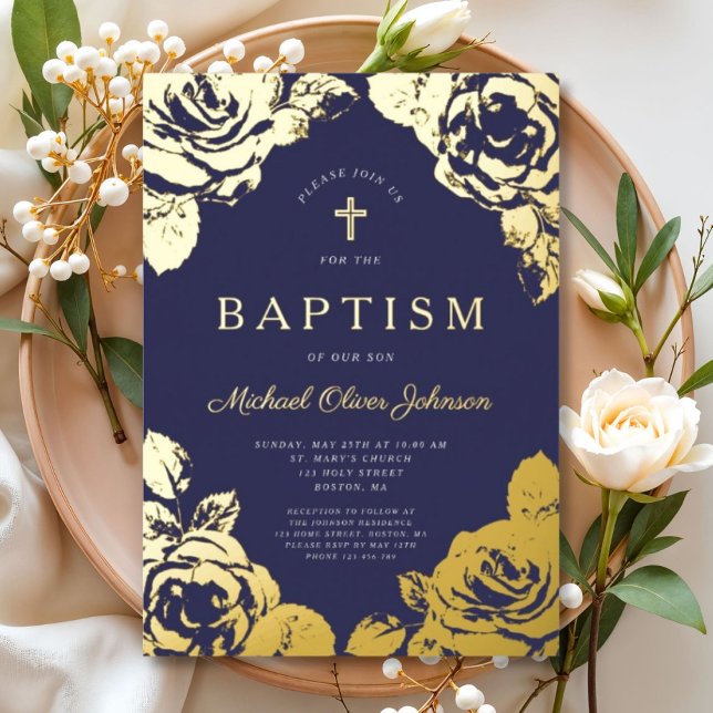 Elegant Blue Floral Boy Taufe Gold Folieneinladung (Elegant Navy Blue Gold Floral Boy Baptism Foil Invitation)