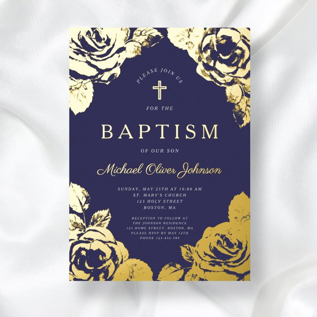 Elegant Blue Floral Boy Taufe Gold Folieneinladung (Elegant Navy Blue Gold Floral Boy Baptism Foil Invitation)