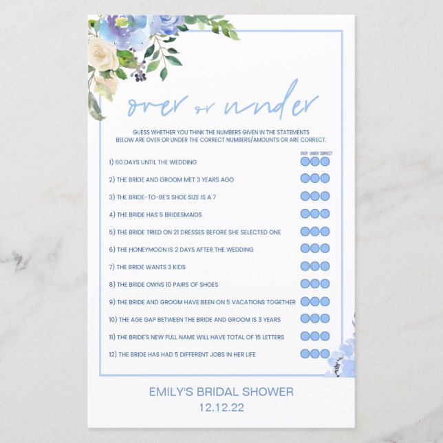 Elegant Blue Floral Bridal Shower Game Printed (Vorderseite)