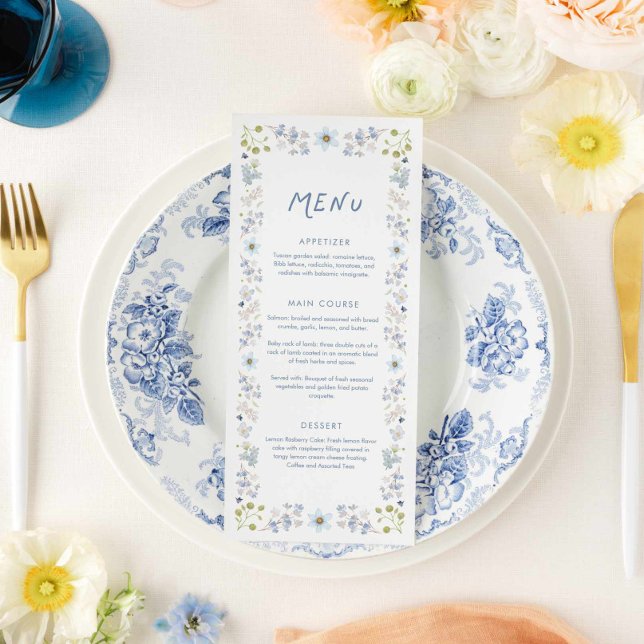 Elegant Blue Floral Bridal Shower Menükarte (Blue Floral Garden Bridal Shower Menu Card)