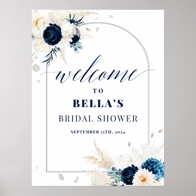 Elegant Blue Floral Bridal Shower Welcome Sign Poster (Vorne)