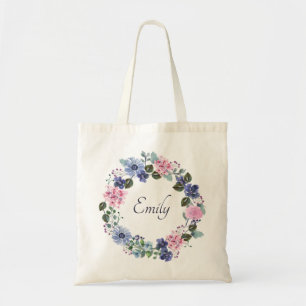 Elegant Blue Floral Bridesmaid Monogram Name Tragetasche