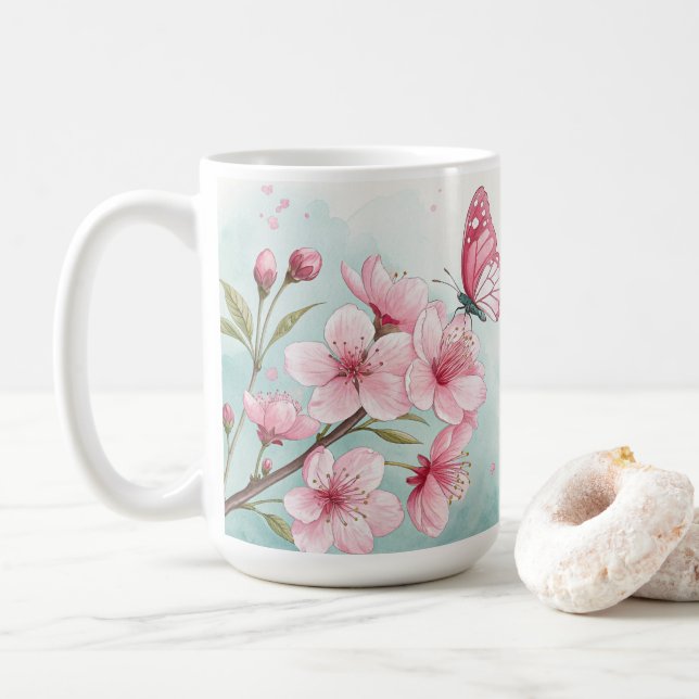 Elegant Blue Floral & Butterfly Custom Kaffeetasse (Mit Donut)