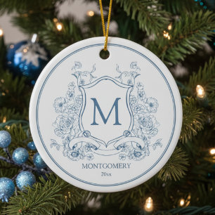 Elegant Blue Floral Christmas Ornament