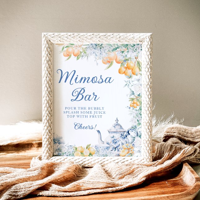 Elegant Blue Floral Citrus Theme Mimosa Bar Poster (Von Creator hochgeladen)