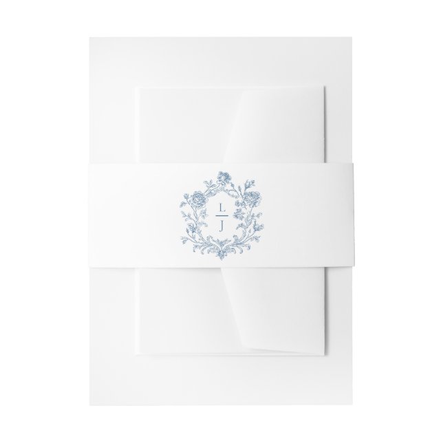 Elegant Blue Floral Crest Monogram Wedding Invite Einladungsbanderole (Vorderseite Beispiel)