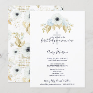 Elegant Blue Floral Cross Erste Heilige Kommune Einladung