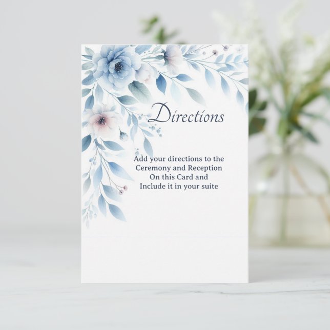 Elegant Blue Floral Directions Enclosure Card Dankeskarte (Stehend Vorderseite)