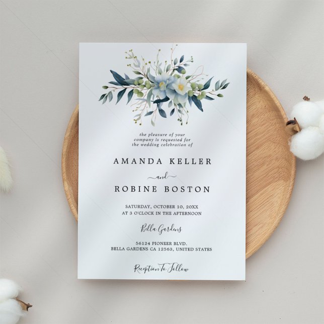 Elegant Blue Floral & Eucalyptus Wedding Einladung (Von Creator hochgeladen)