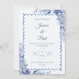 Elegant  Blue Floral Frame Wedding Invitation Einladung