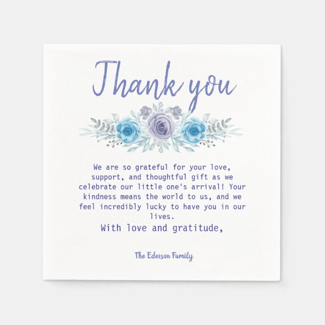 Elegant Blue Floral geklappt Dankeschön Karte Serviette (Vorderseite)