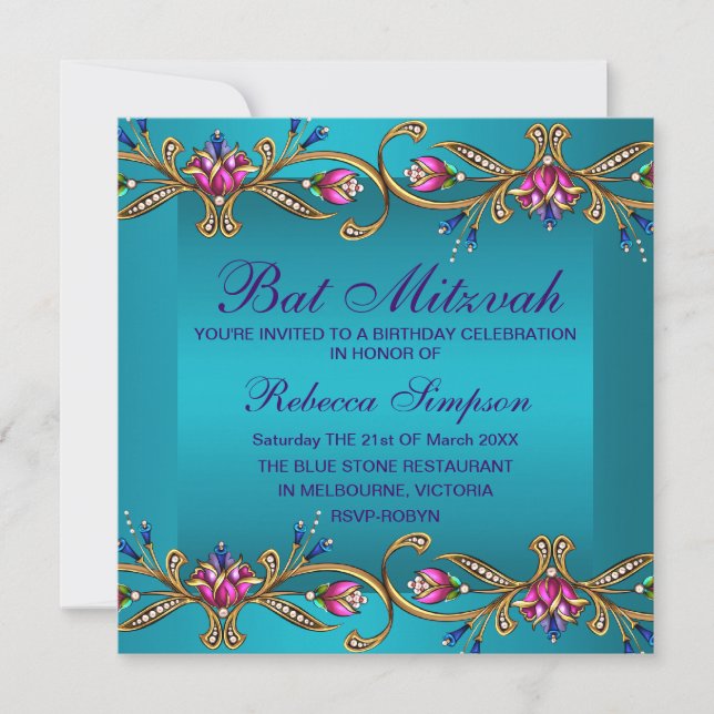 Elegant Blue Floral Gem Bat Mitzvah Einladung (Vorderseite)