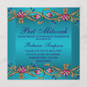 Elegant Blue Floral Gem Bat Mitzvah Einladung