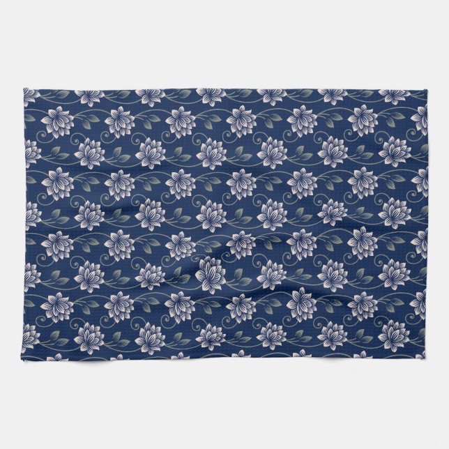 Elegant Blue Floral Geschirrtuch (Horizontal)
