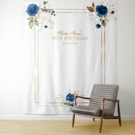 Elegant Blue Floral Gold 18. Geburtstag Foto Prop. Wandteppich