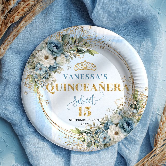 Elegant Blue Floral Gold Custom Quinceañera Plates Pappteller (Elegant Blue Floral Gold Custom Quinceañera Plates)